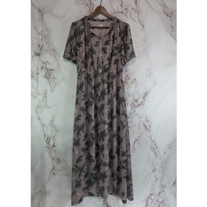 Roolee Dress Womens Medium Purple Maxi Floral Blouson Button Front Leaf Long